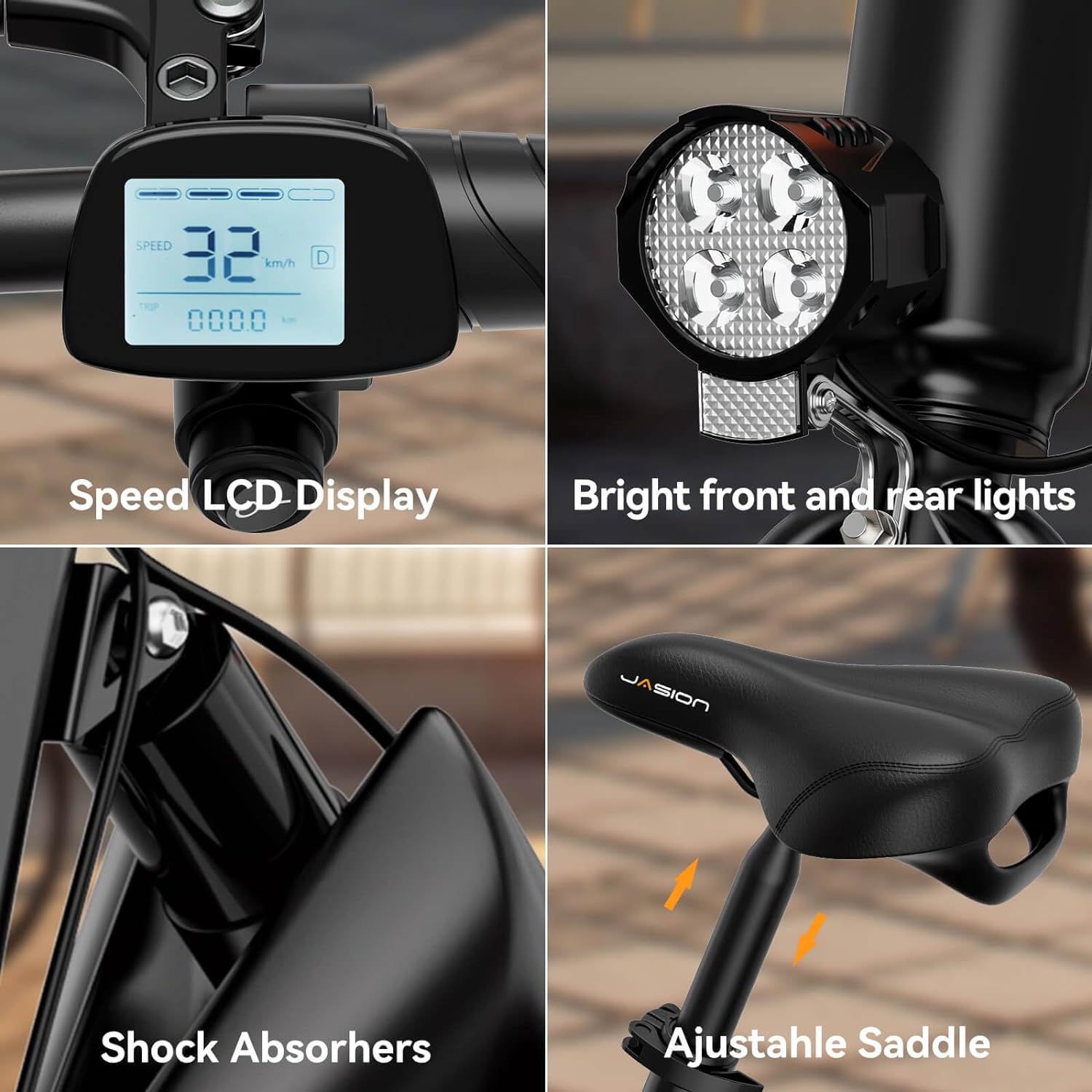 Jasion EB3 Bicicleta Eléctrica para Adultos – 21 mph, Motor Pico de 500W, Batería de 270Wh, Suspensión Trasera, 3 Niveles de Asistencia, Ebike Plegable de 14″ para Adultos y Adolescentes – Cumple con UL2849