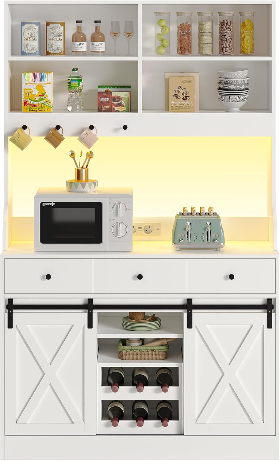 Armario de cocina, Armario Aparador Cocina con LED, Enchufes, Armario Buffet, Estante de vino extraíble, 3 Cajones, Estantes ajustables, Cocina, Sala de estar, Comedor, 103.5*40*180 cm, Negro