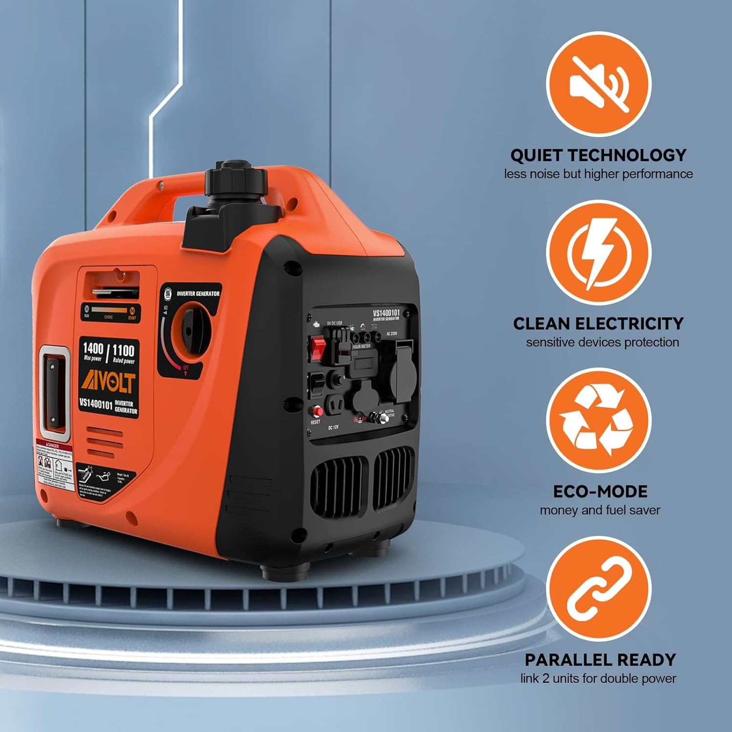 AIVOLT Silent Gasoline Inverter Generator 1400W with Outputs AC 230V/DC 12V/USB Type-A and Tank 2.5L - Portable for Outdoor Camping