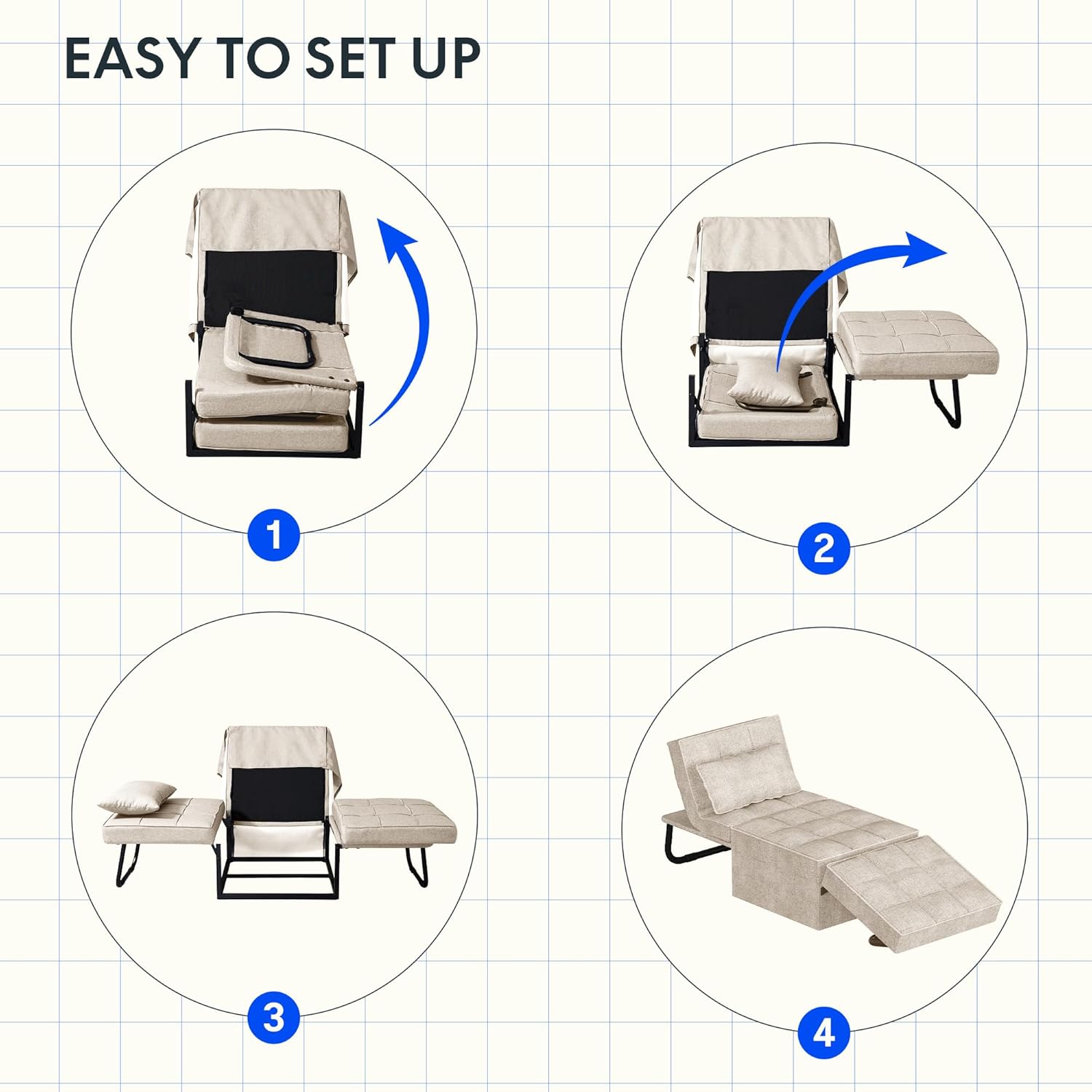FLEXISPOT Sofa Bed Extendable Folding Sleeping Chair with Bed Function, Chair Beds with Function, Convertible Bed Chair, Load Capacity 300 kg, Grey