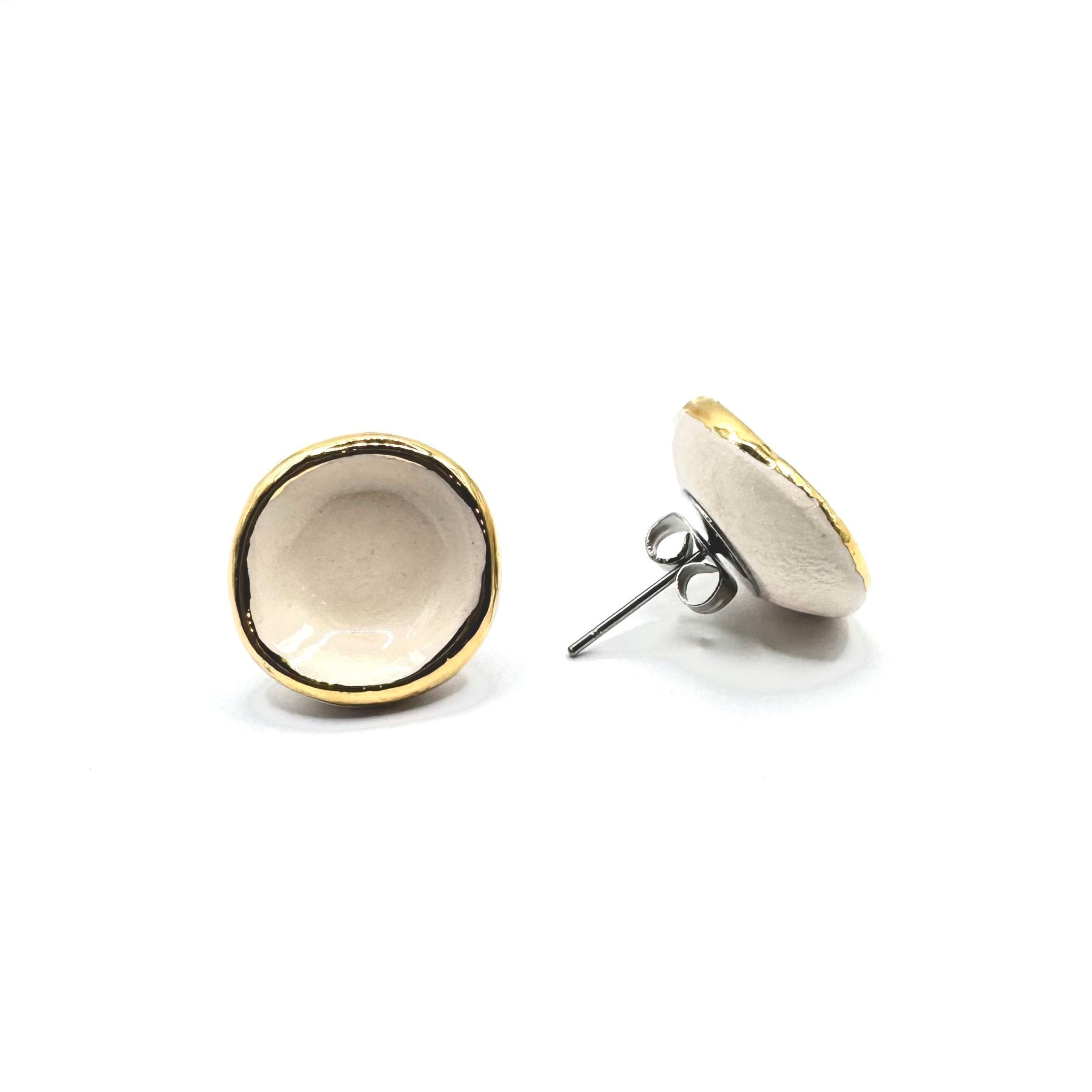 Camelia | Handcrafted white ceramic stud earrings with gold luster