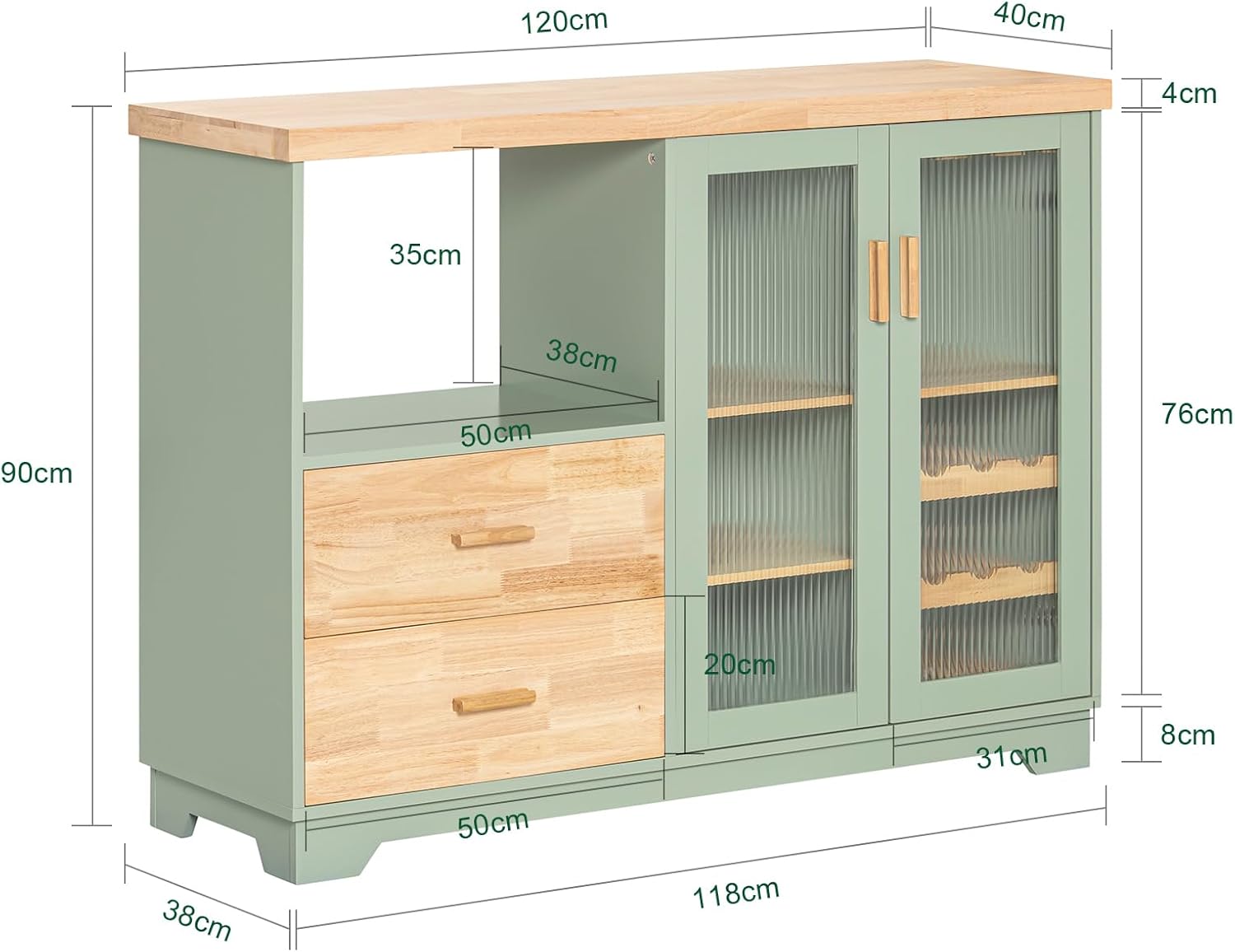 SoBuy FSB81-GR Kitchen Sideboard for Microwave Buffet for Dining Room Entrance Living Room with 2 Doors 2 Drawers and 1 Open Compartment Green 120 x 40 x 90 cm ES