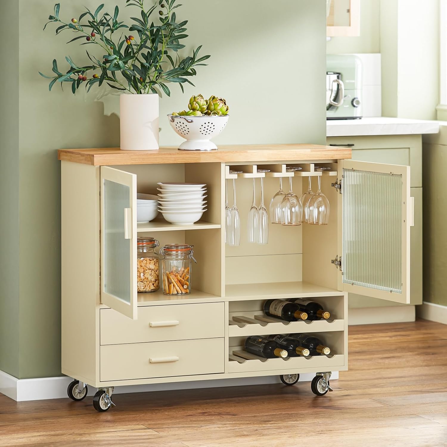 SoBuy FSB81-GR Kitchen Sideboard for Microwave Buffet for Dining Room Entrance Living Room with 2 Doors 2 Drawers and 1 Open Compartment Green 120 x 40 x 90 cm ES
