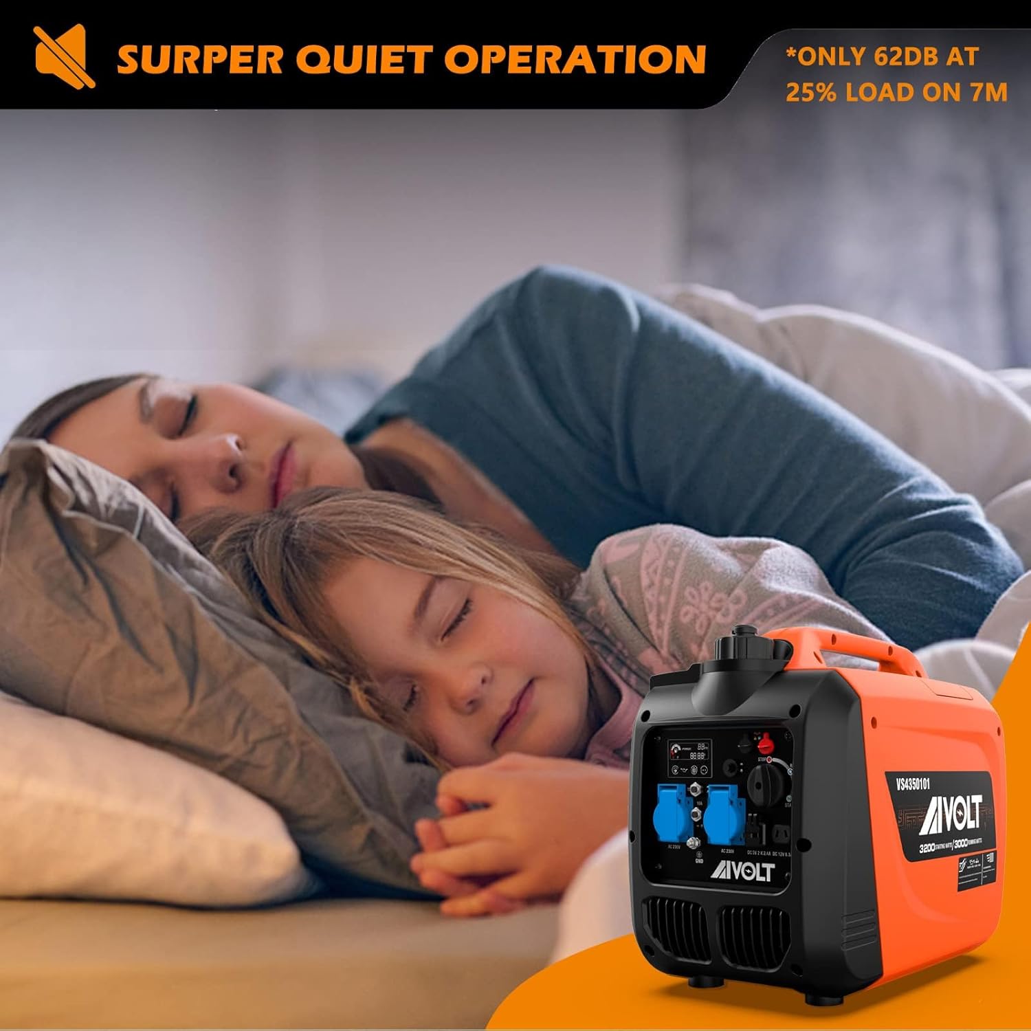 AIVOLT Silent Gasoline Inverter Generator 1400W with Outputs AC 230V/DC 12V/USB Type-A and Tank 2.5L - Portable for Outdoor Camping