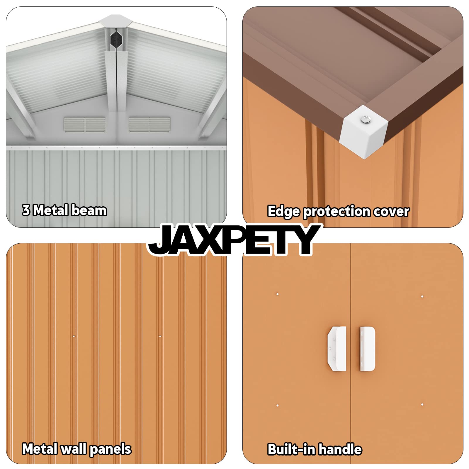 JAXPETY Cobertizo de Jardín y Almacenamiento Exterior de 6×8 Pies – Cobertizo Metálico para Herramientas con Puertas Corredizas para Patio, Jardín o Exteriores – Color Coffee