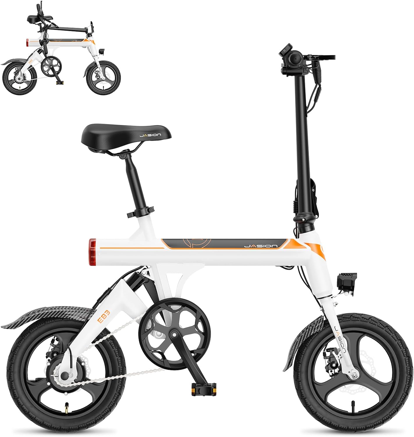 Jasion EB3 Bicicleta Eléctrica para Adultos – 21 mph, Motor Pico de 500W, Batería de 270Wh, Suspensión Trasera, 3 Niveles de Asistencia, Ebike Plegable de 14″ para Adultos y Adolescentes – Cumple con UL2849
