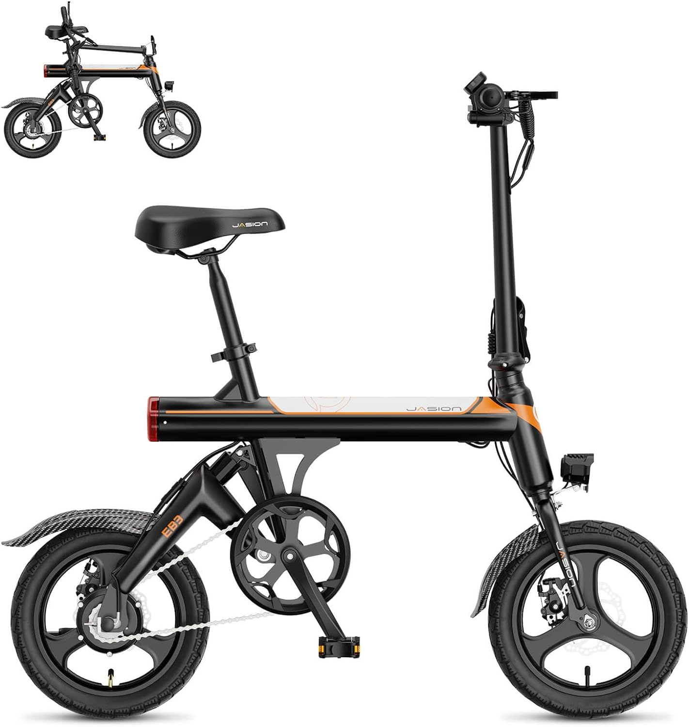 Jasion EB3 Bicicleta Eléctrica para Adultos – 21 mph, Motor Pico de 500W, Batería de 270Wh, Suspensión Trasera, 3 Niveles de Asistencia, Ebike Plegable de 14″ para Adultos y Adolescentes – Cumple con UL2849