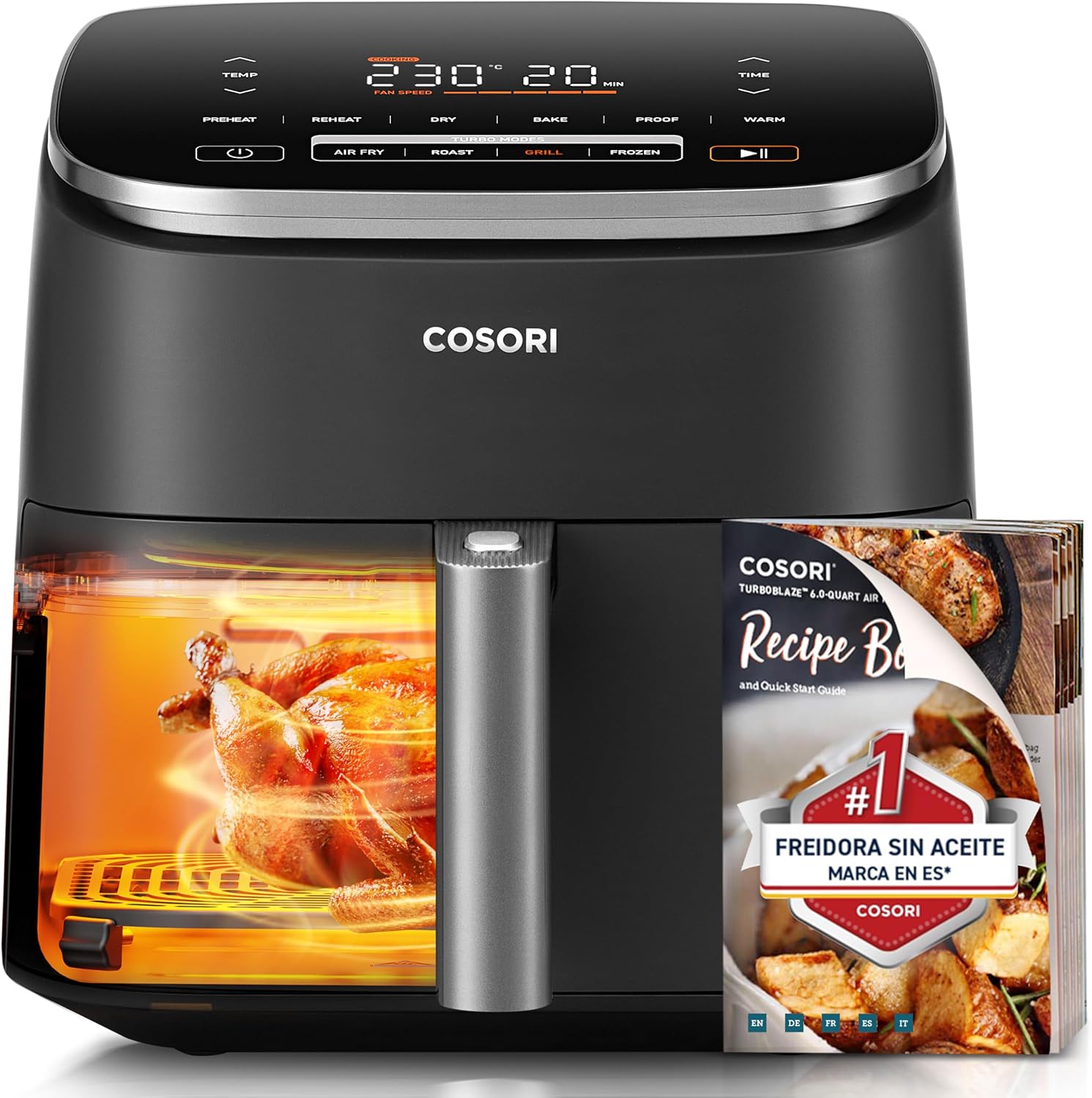 Cosori Turbo Blaze Freidora de Aire 6L, Interior Metálico Real, Motor DC Exclusivo, 46% Más Rápida, Temperatura 30°C a 230°C, Ideal para Asar Carnes, Programas Completo de Cocina, Silenciosa 27dB