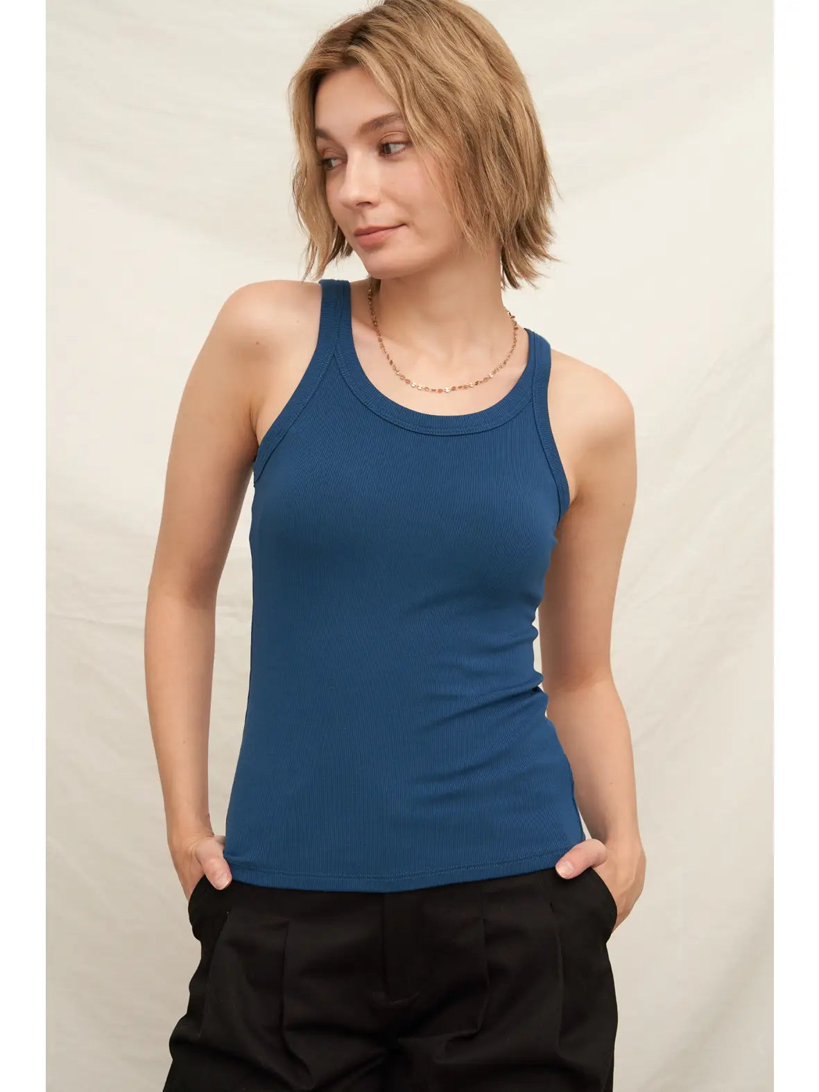 Navy Scoop Neck Tank with Built in Bra