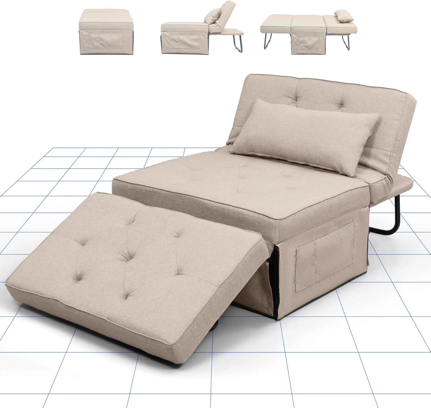 FLEXISPOT Sofa Bed Extendable Folding Sleeping Chair with Bed Function, Chair Beds with Function, Convertible Bed Chair, Load Capacity 300 kg, Grey