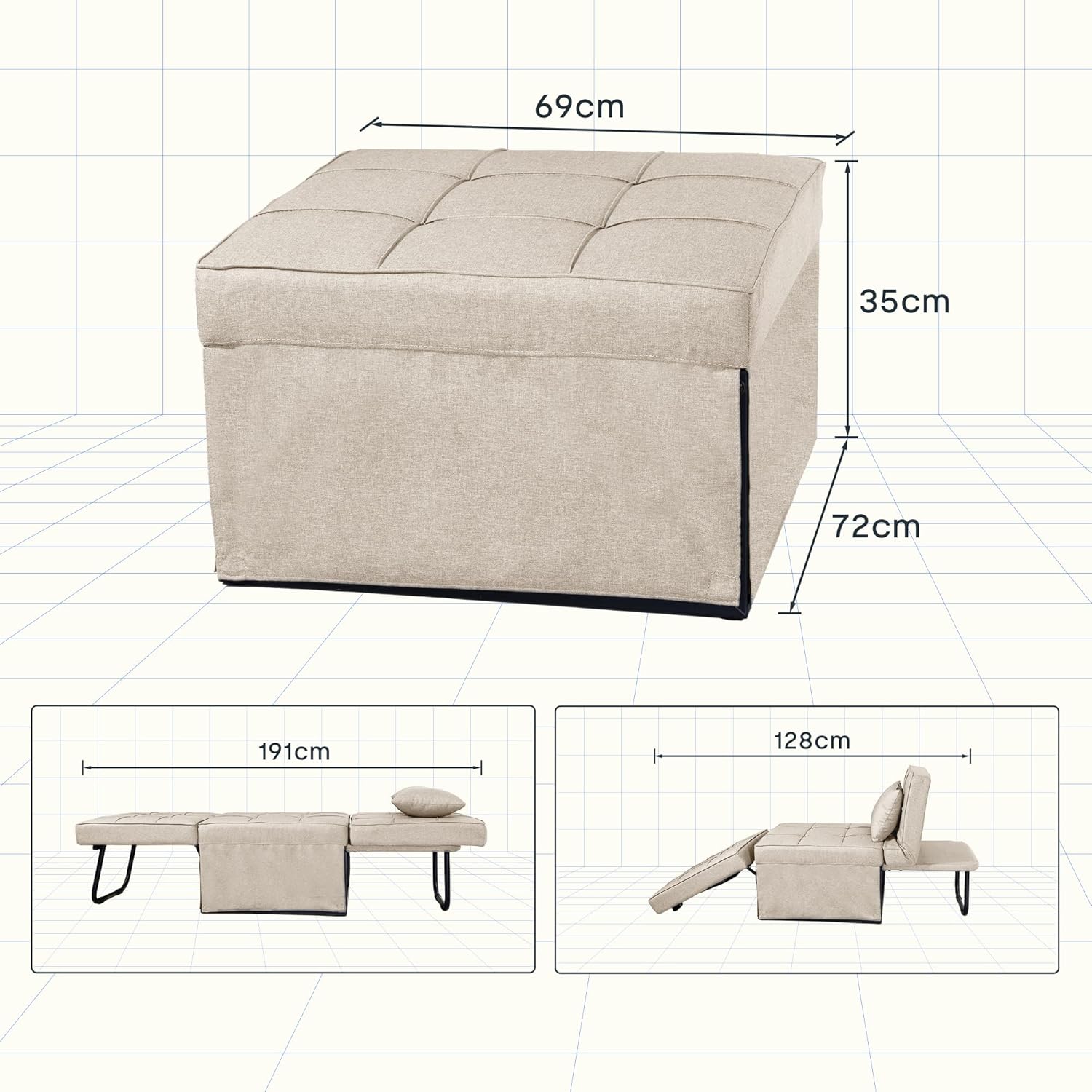 FLEXISPOT Sofa Bed Extendable Folding Sleeping Chair with Bed Function, Chair Beds with Function, Convertible Bed Chair, Load Capacity 300 kg, Grey