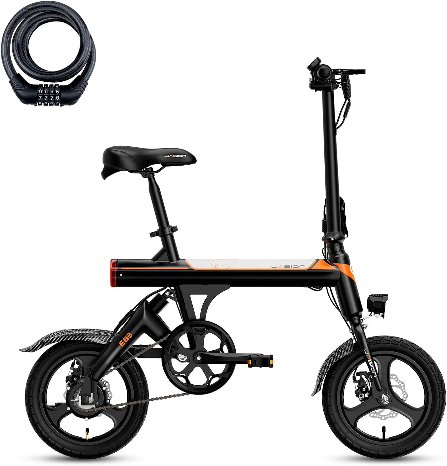 Jasion EB3 Bicicleta Eléctrica para Adultos – 21 mph, Motor Pico de 500W, Batería de 270Wh, Suspensión Trasera, 3 Niveles de Asistencia, Ebike Plegable de 14″ para Adultos y Adolescentes – Cumple con UL2849
