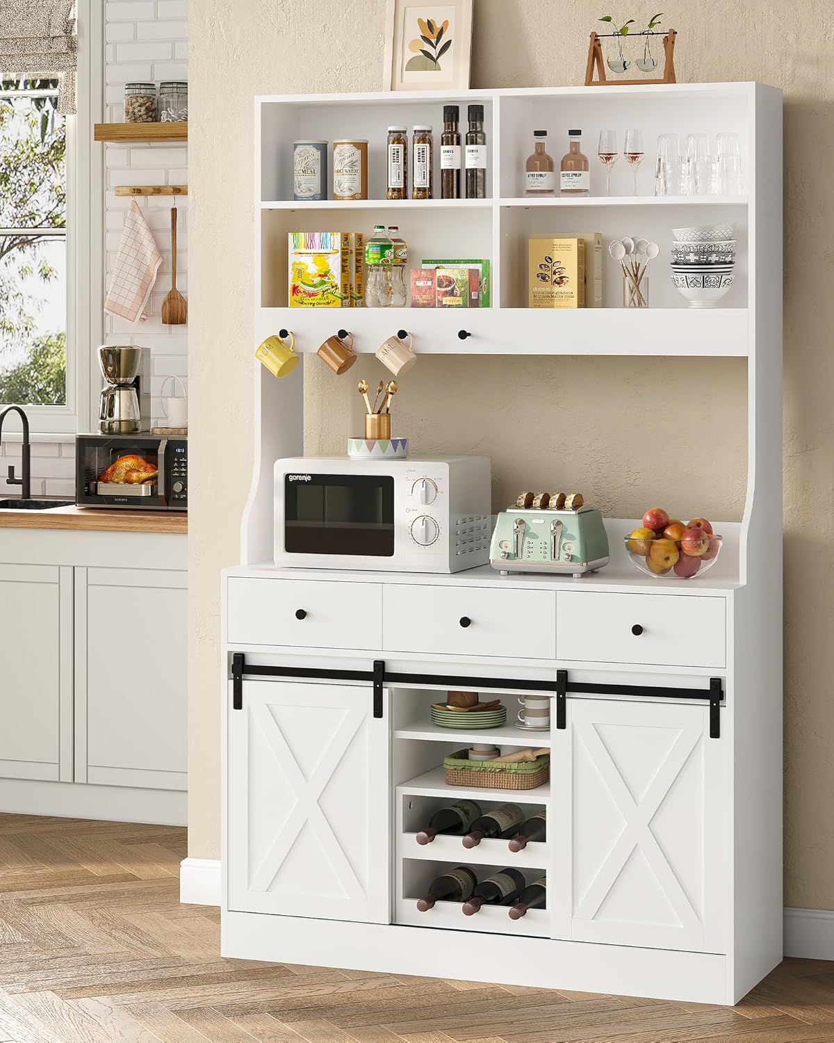 Armario de cocina, Armario Aparador Cocina con LED, Enchufes, Armario Buffet, Estante de vino extraíble, 3 Cajones, Estantes ajustables, Cocina, Sala de estar, Comedor, 103.5*40*180 cm, Negro