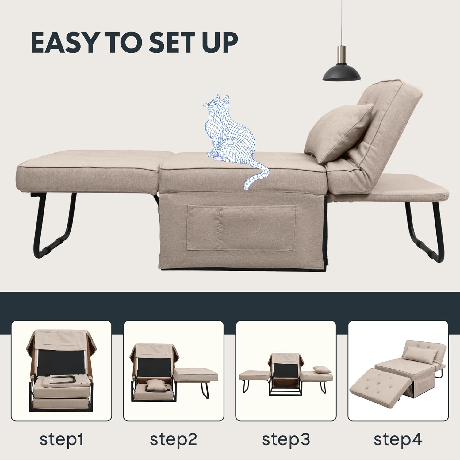 FLEXISPOT Sofa Bed Extendable Folding Sleeping Chair with Bed Function, Chair Beds with Function, Convertible Bed Chair, Load Capacity 300 kg, Grey