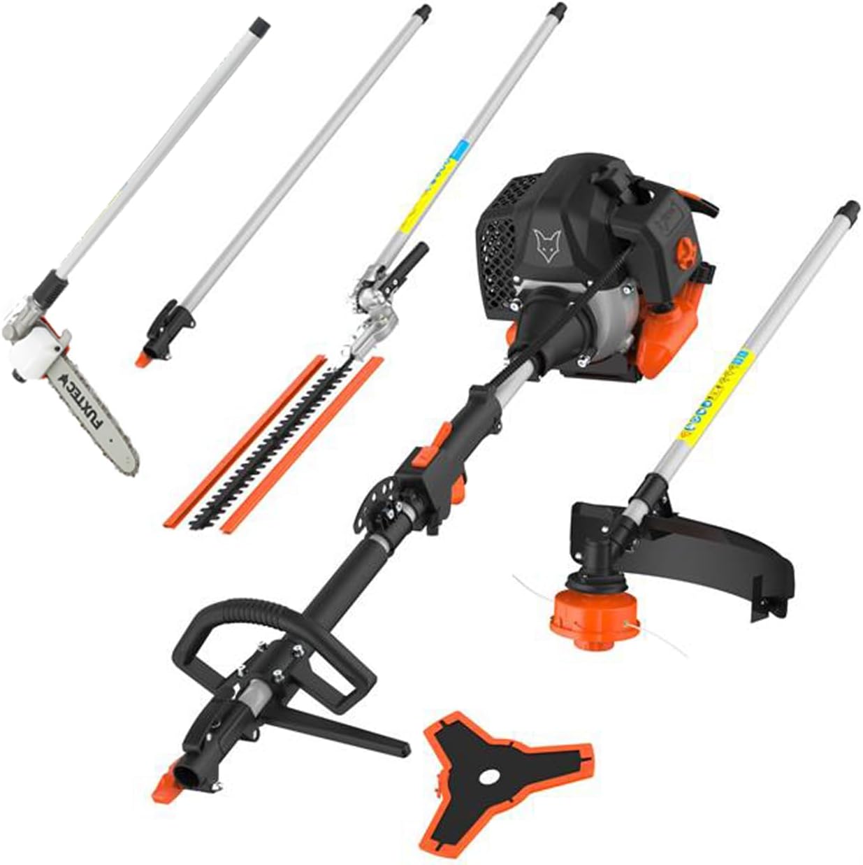 FUXTEC Desbrozadora Multifunción Gasolina FX-MT152E Multiherramienta 5 en 1 - Cortasetos, Motosierra Inclinada, cortabordes, extensión de 1 m - Motor de Gasolina de 2 Tiempos 52cc