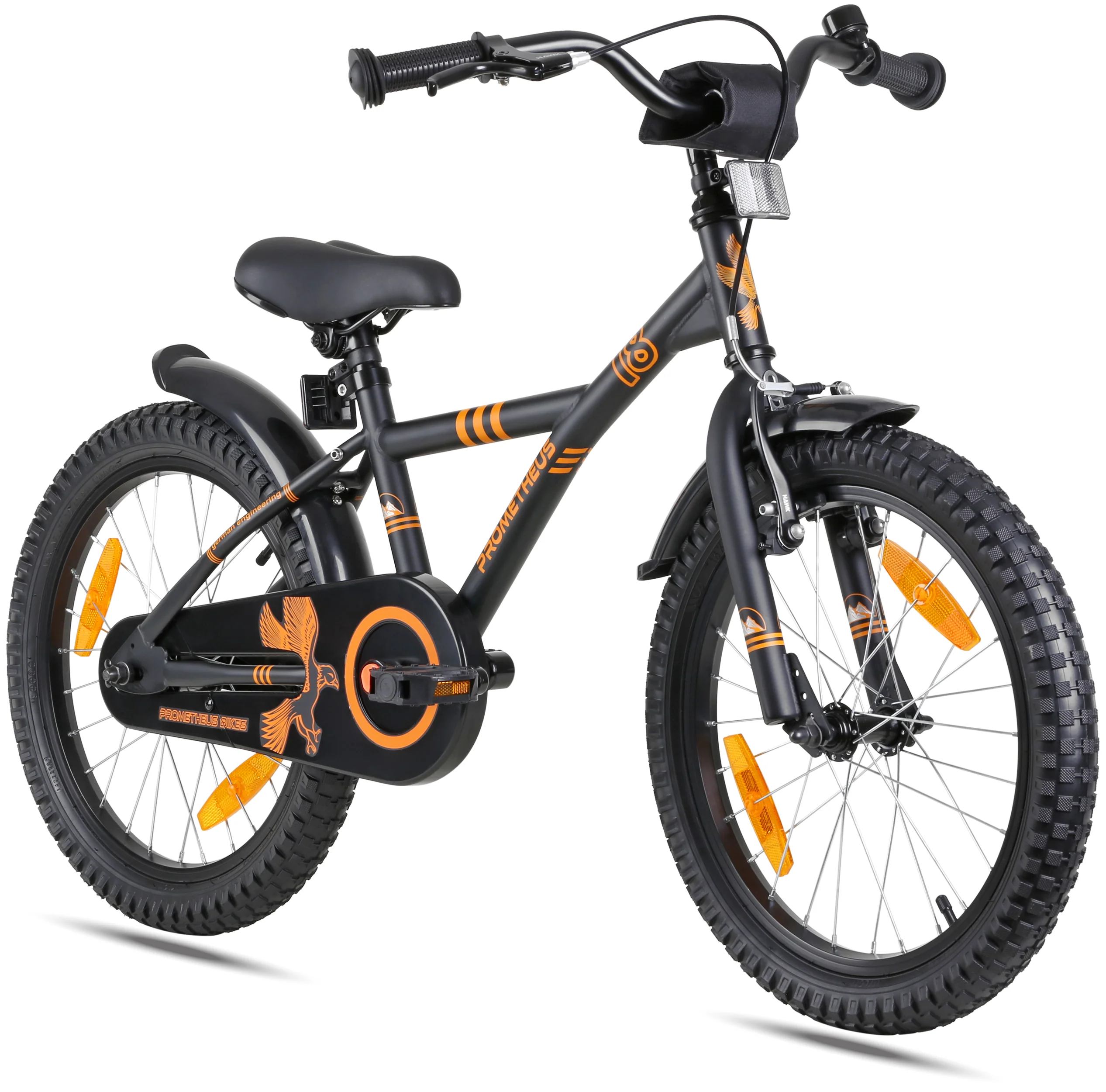 Bicicleta infantil de 18 polegadas, modelo 2025. Cor: Preto fosco e laranja. Para crianças a partir de 5 anos.