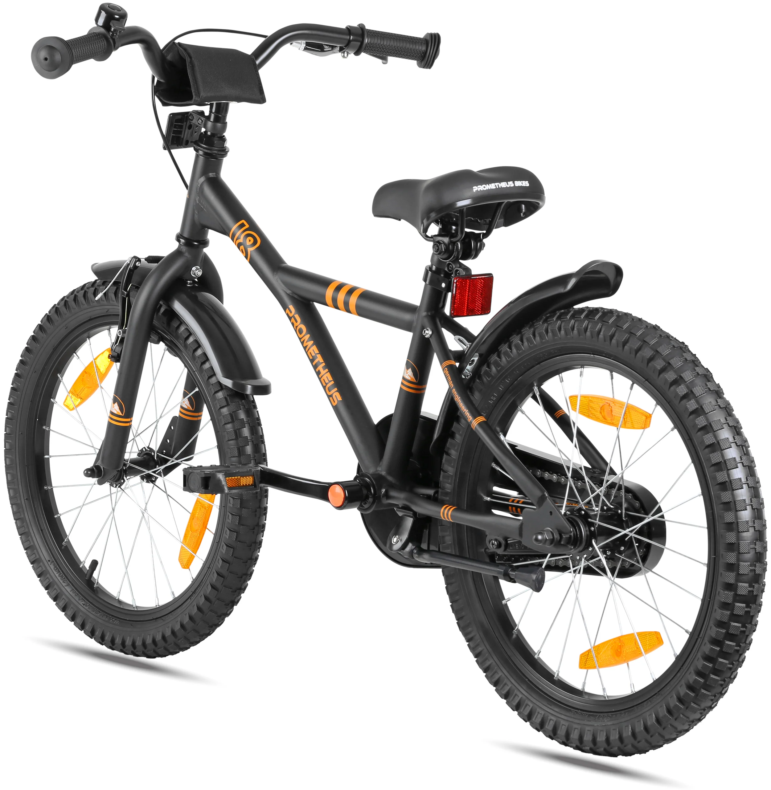 Bicicleta infantil de 18 polegadas, modelo 2025. Cor: Preto fosco e laranja. Para crianças a partir de 5 anos.