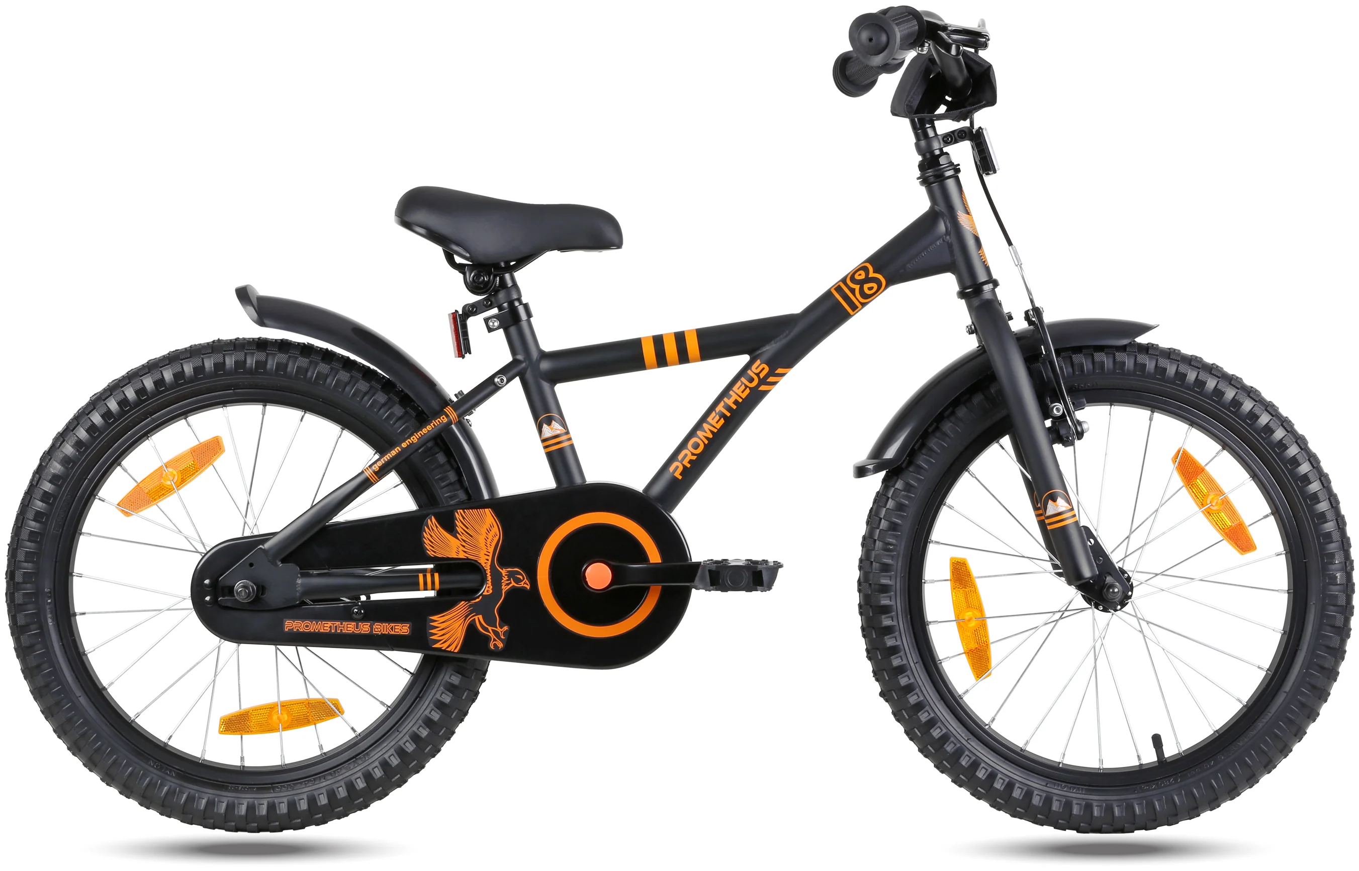 Bicicleta infantil de 18 polegadas, modelo 2025. Cor: Preto fosco e laranja. Para crianças a partir de 5 anos.