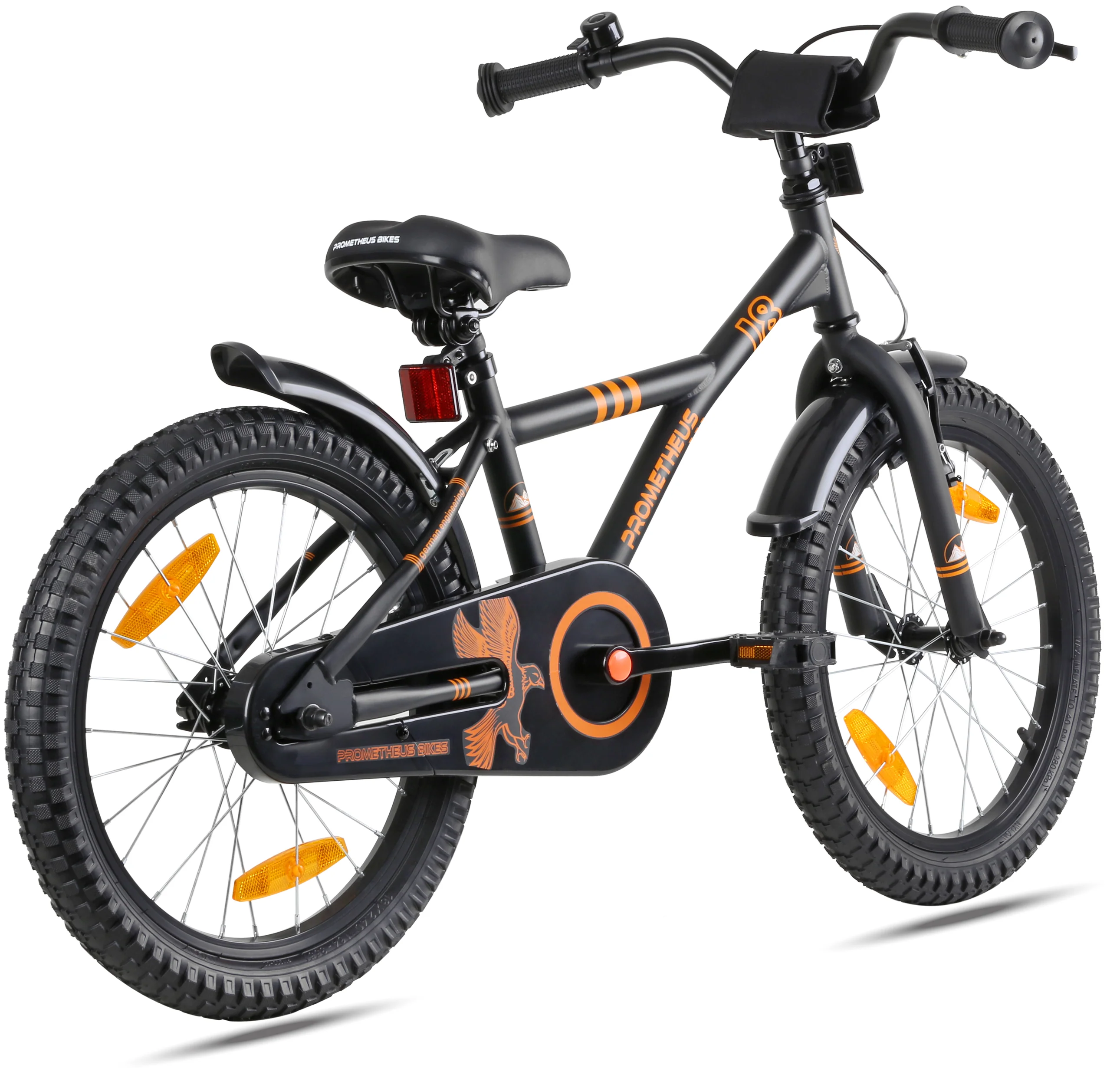 Bicicleta infantil de 18 polegadas, modelo 2025. Cor: Preto fosco e laranja. Para crianças a partir de 5 anos.