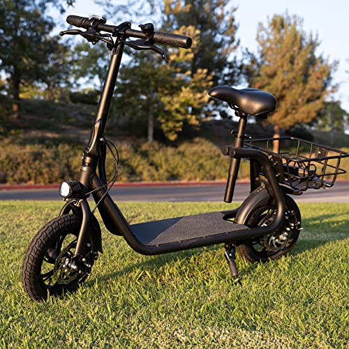 Sammenklappelig el-scooter til voksne med sæde. 450W børsteløs motor. 12-tommer terrængående dæk. 32 km rækkevidde. Let og bærbar.