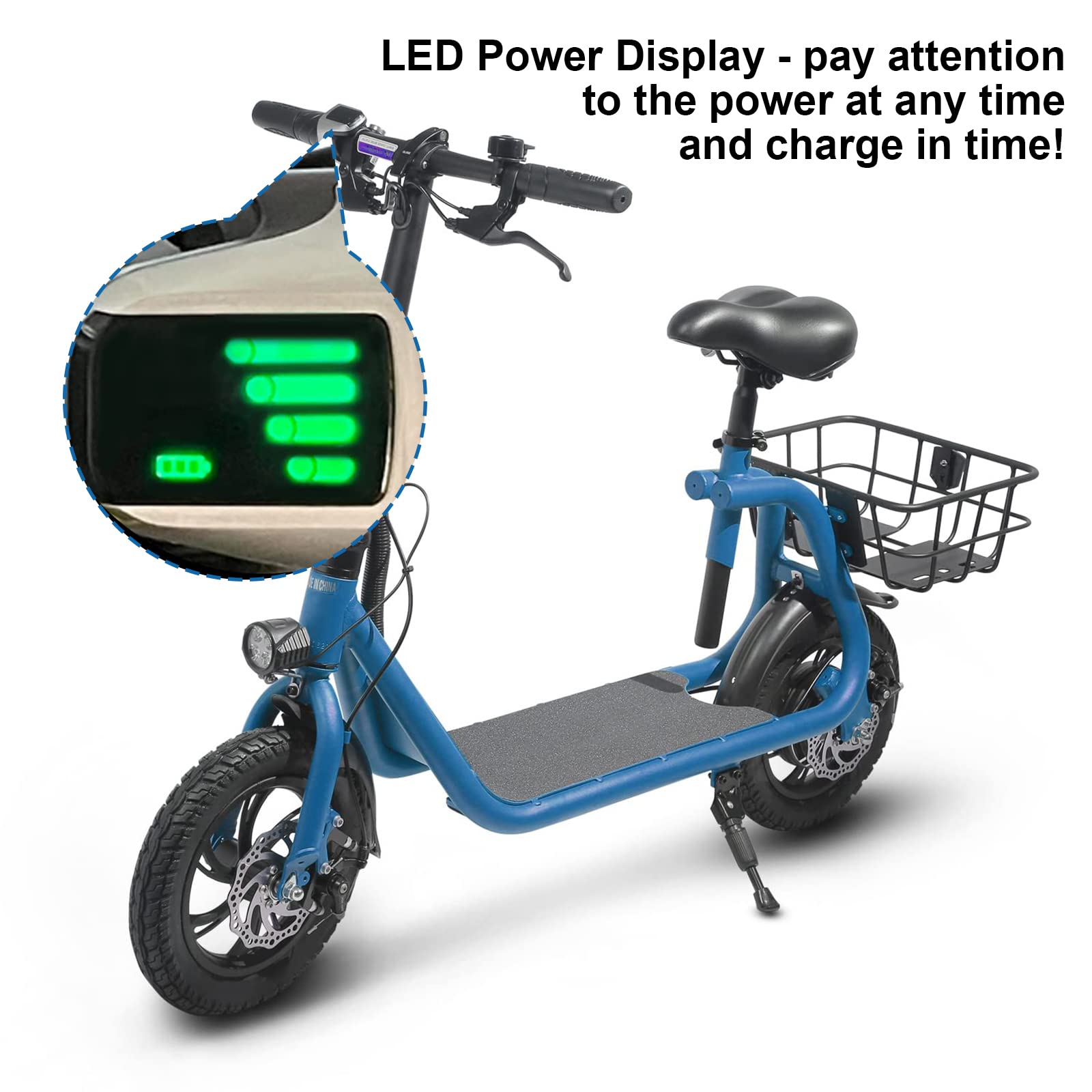 Sammenklappelig el-scooter til voksne med sæde. 450W børsteløs motor. 12-tommer terrængående dæk. 32 km rækkevidde. Let og bærbar.