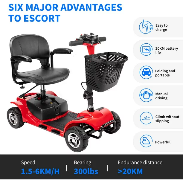 UltraLite 4-hjulet mobilitetsscooter. Bærbar og let. Rækkevidde på 22 km. Model A898