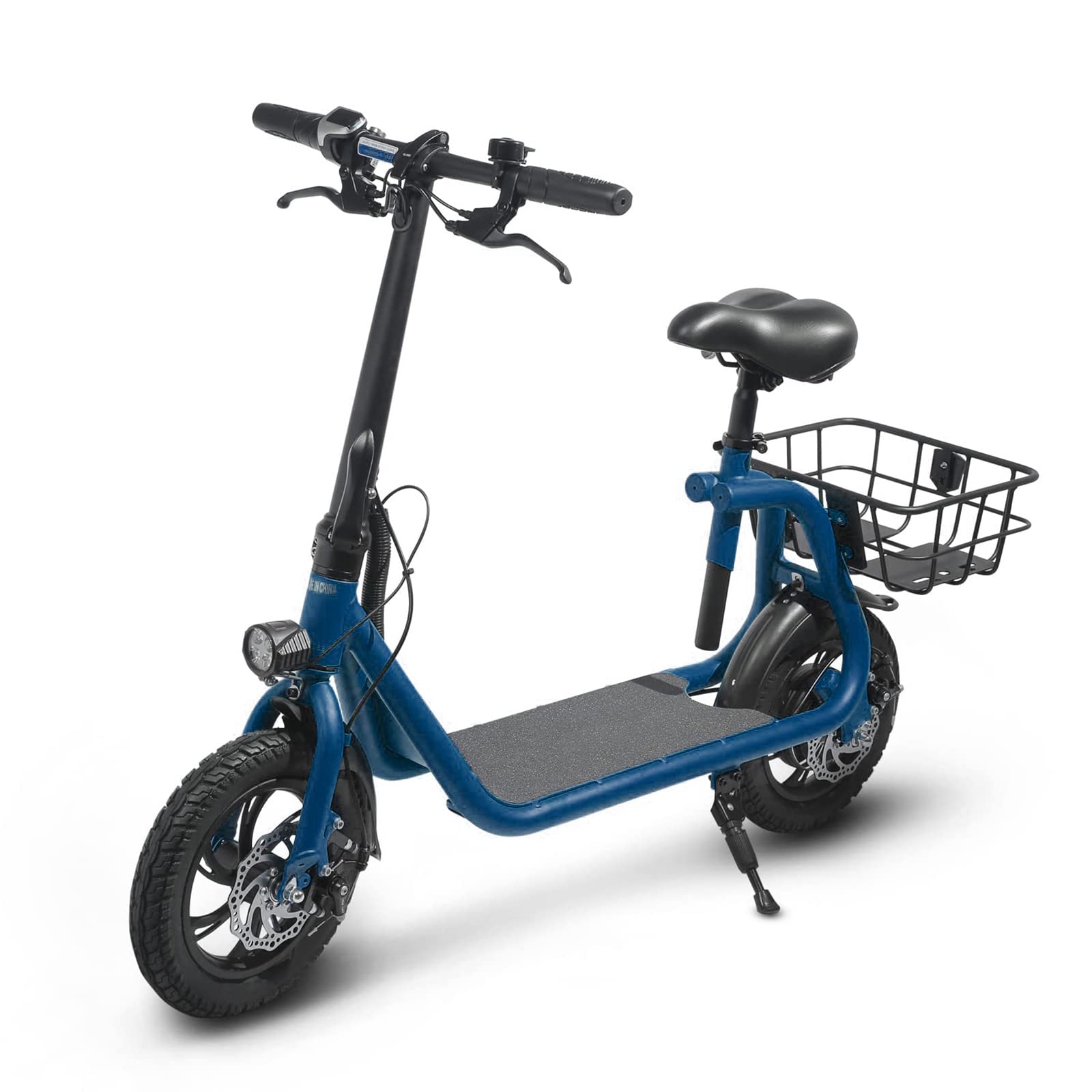 Sammenklappelig el-scooter til voksne med sæde. 450W børsteløs motor. 12-tommer terrængående dæk. 32 km rækkevidde. Let og bærbar.