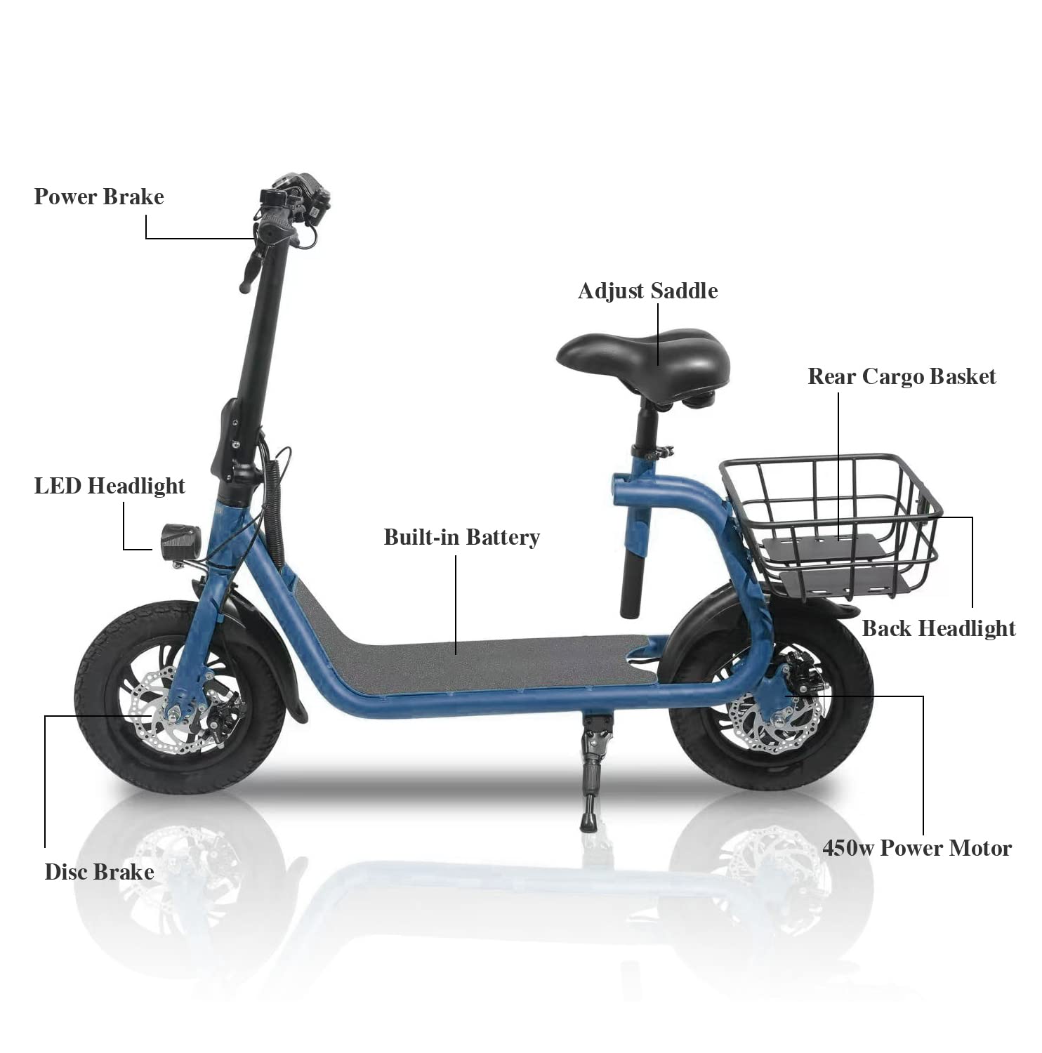 Sammenklappelig el-scooter til voksne med sæde. 450W børsteløs motor. 12-tommer terrængående dæk. 32 km rækkevidde. Let og bærbar.