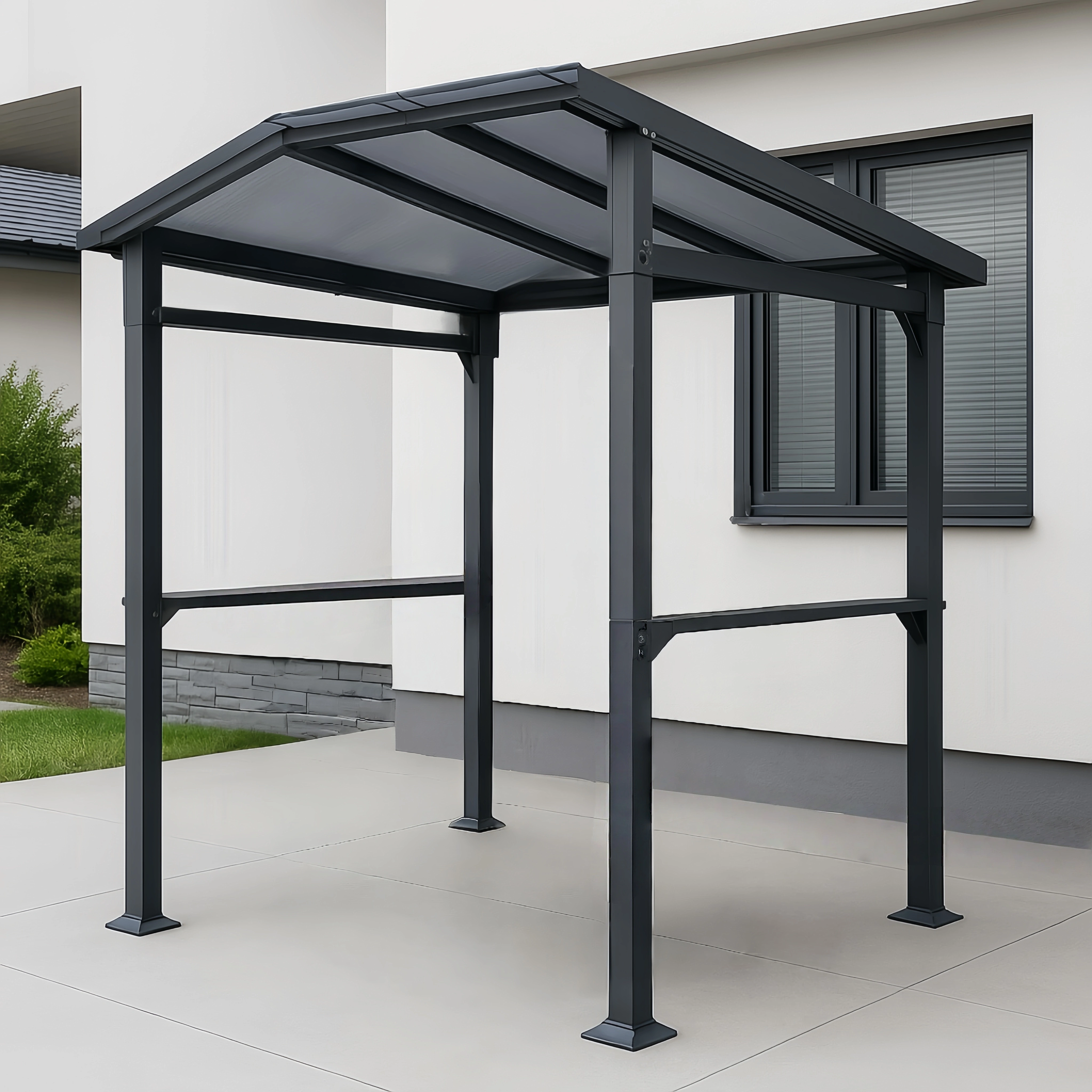 Zwarte aluminium barbecueschuur met terrasoverkapping, 220 x 140 x 230 cm