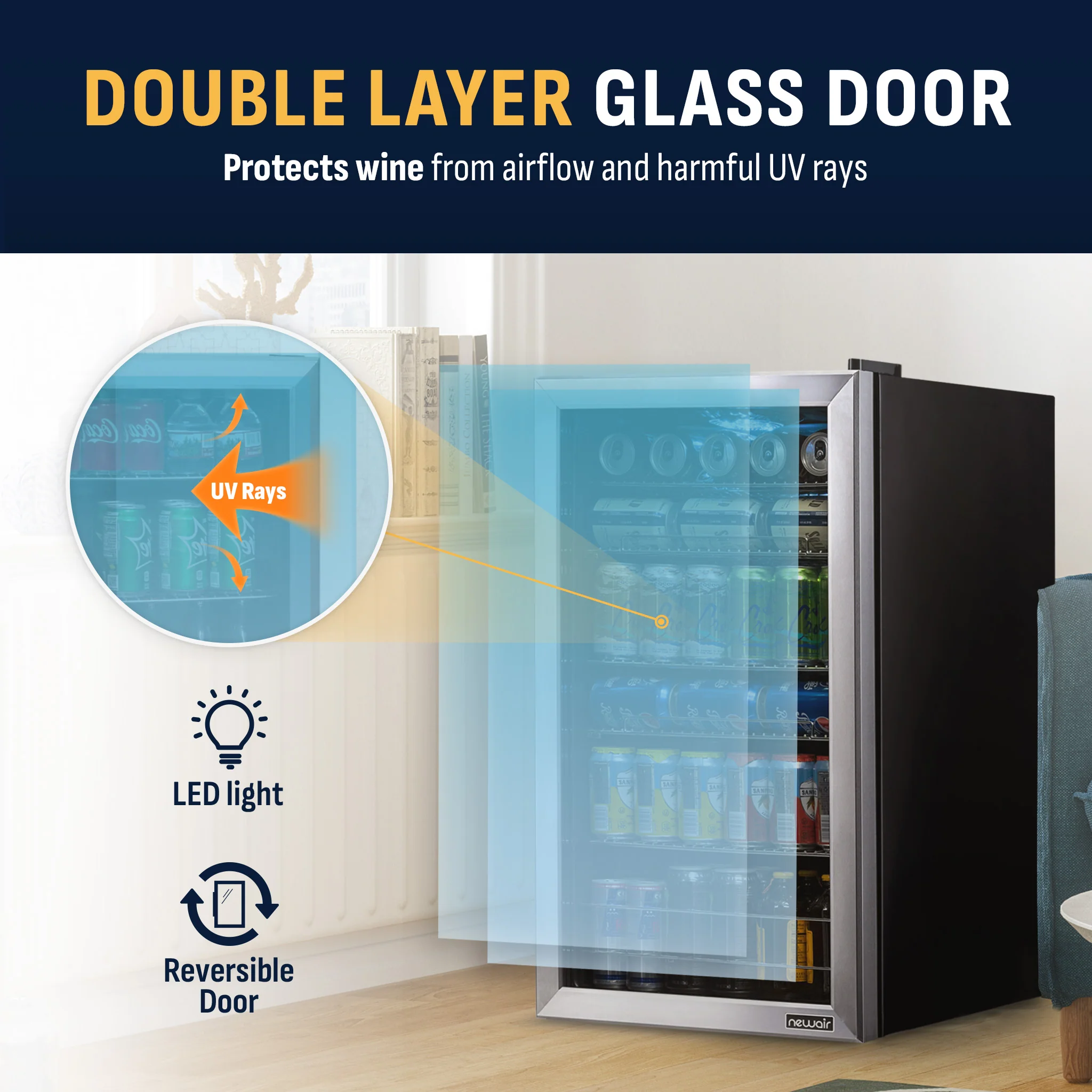 2025 Newair® Fritstående drikkevarekøleskab i rustfrit stål – 126 dåser – 18,9